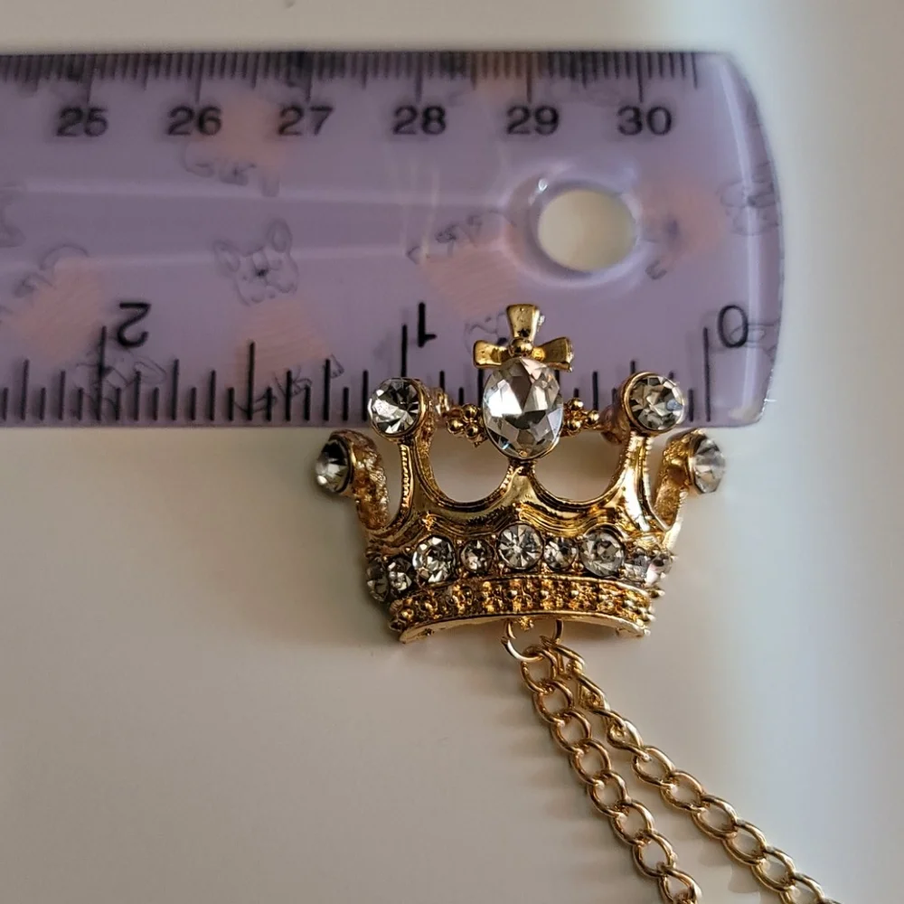 Crown Gold Tone With Rhinestones Unisex Chained Decor Brooch